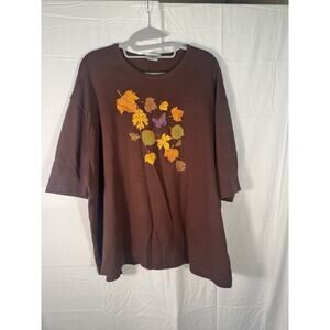 Las Olas Fall Shirt. Brown 3/4 sleeve autumn leaves & butterfly top seasonal top
